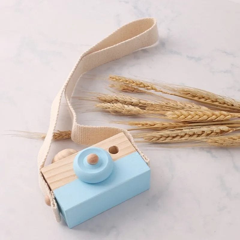 Wooden toy camera with a strap and wheat on a light background
