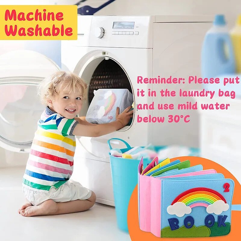 Child with a machine washable book near a washing machine, with text on machine washability.