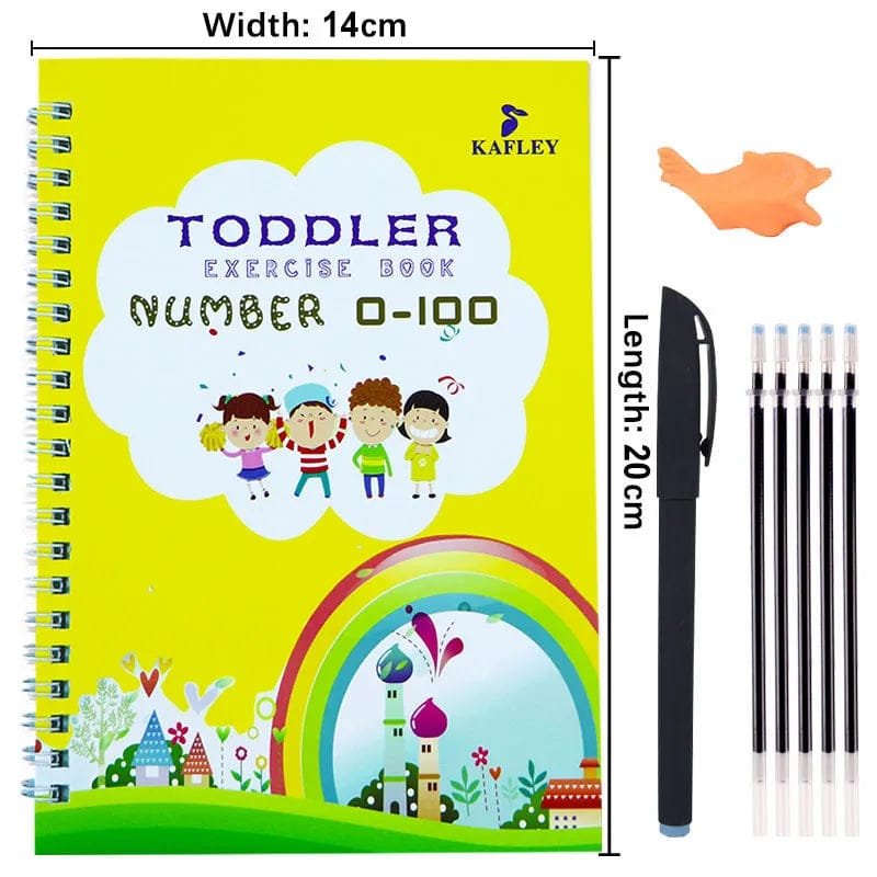 Kafley toddler exercise book with a pen and eraser on a white background
