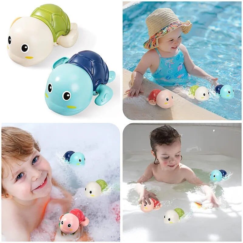 Collage of children playing with colorful bath toys in water.