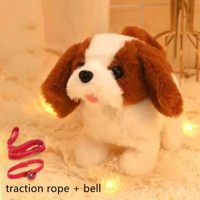 Stuffed dog toy with a red on a soft surface.
