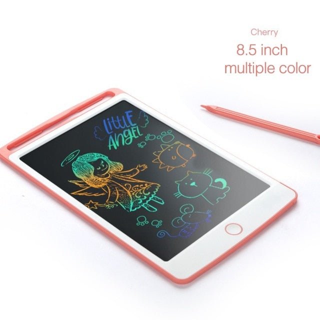 8.5 inch electronic drawing tablet with colorful drawings on a white background