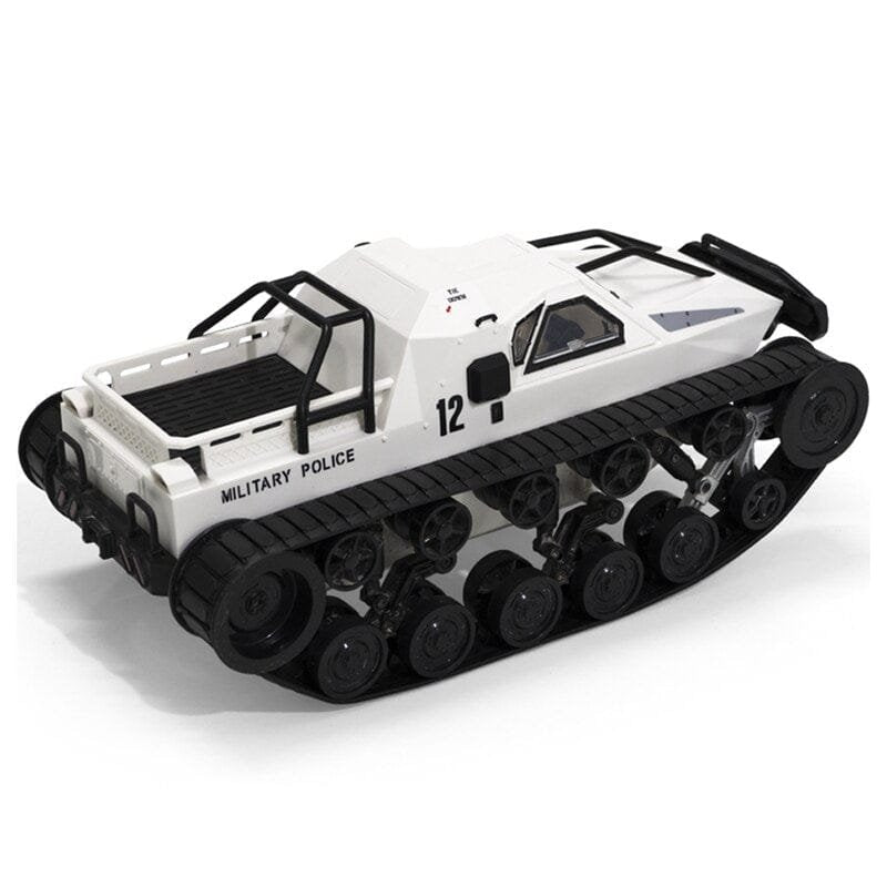 Toy military vehicle with tracks on a white background