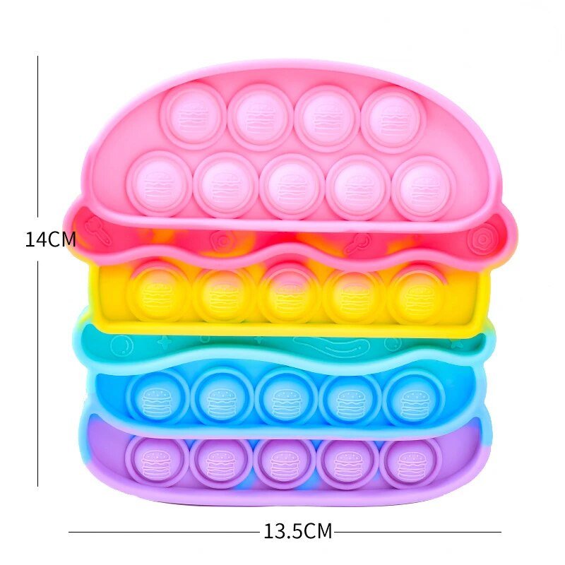 Colorful pop-it fidget toy shaped like a hamburger with measurements on a white background