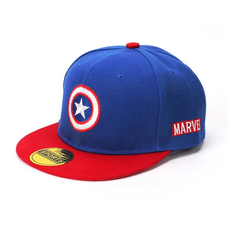 Blue and red cap with Captain America logo and Marvel branding