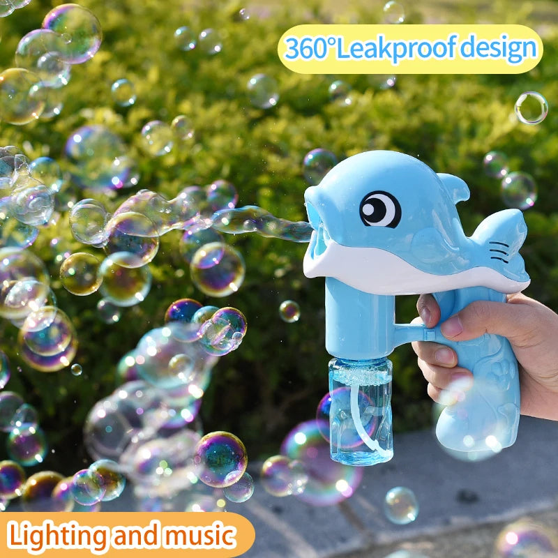 Blue bubble gun shaped like a dolphin with bubbles in the foreground and greenery in the background.