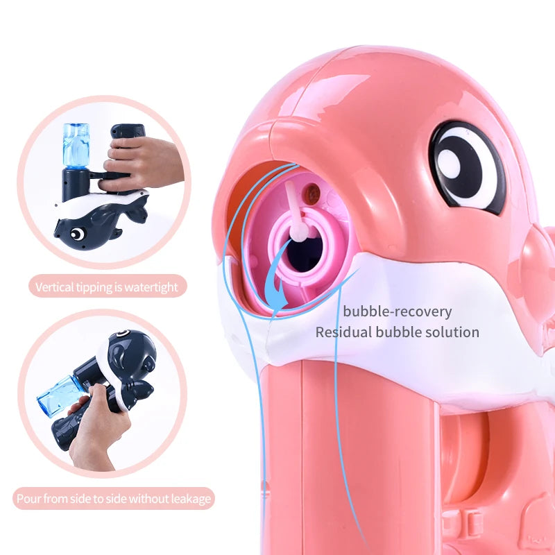 Pink bubble gun with dolphin design on a white background