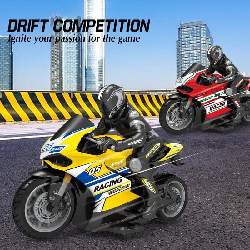 Two toy motorcycles on a racetrack with cityscape in the background, promoting a drift competition.