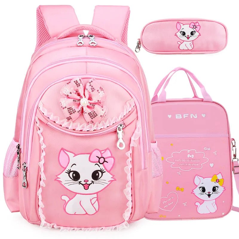 Pink backpack with cat design, pencil case, and lunch bag.
