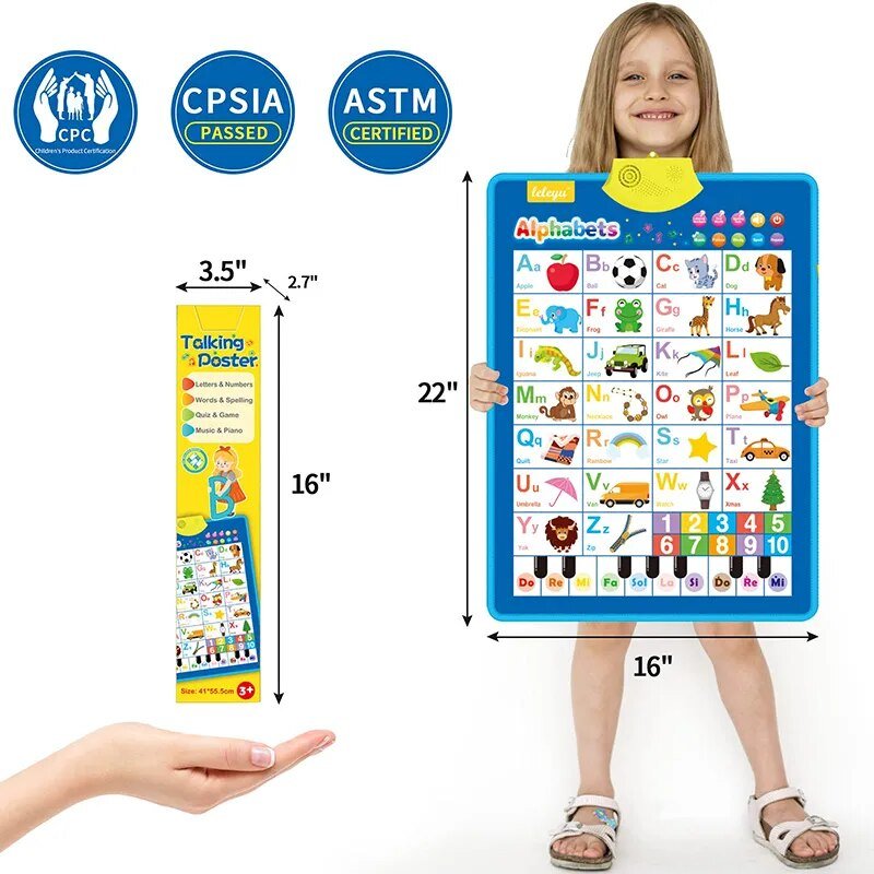 Child holding a large educational mat with alphabet and numbers, showing dimensions and certification logos.