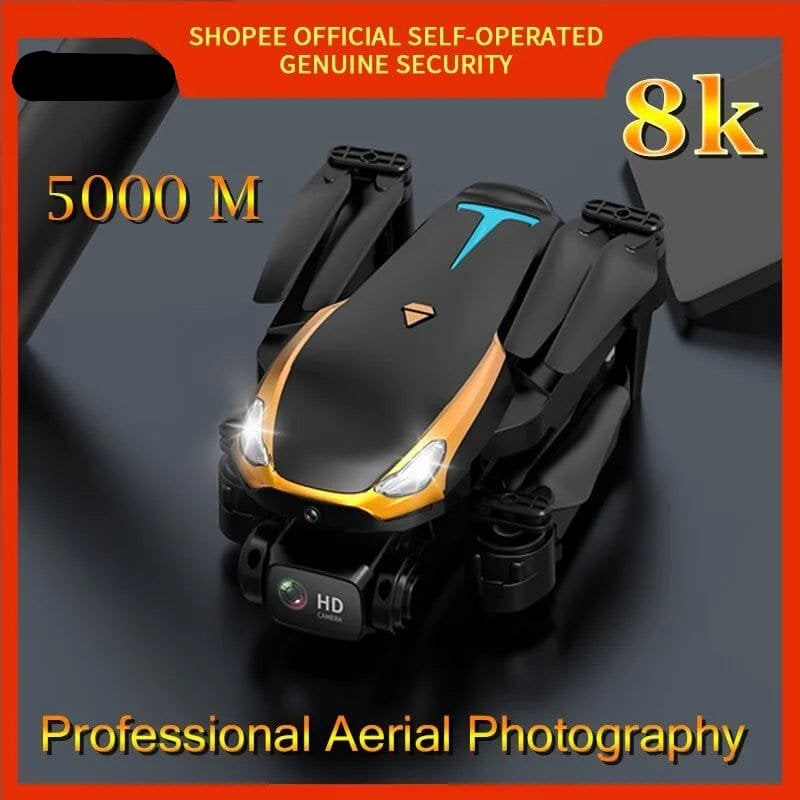 Black and orange drone with text about Shopee, Tesla, and aerial photography on a dark background