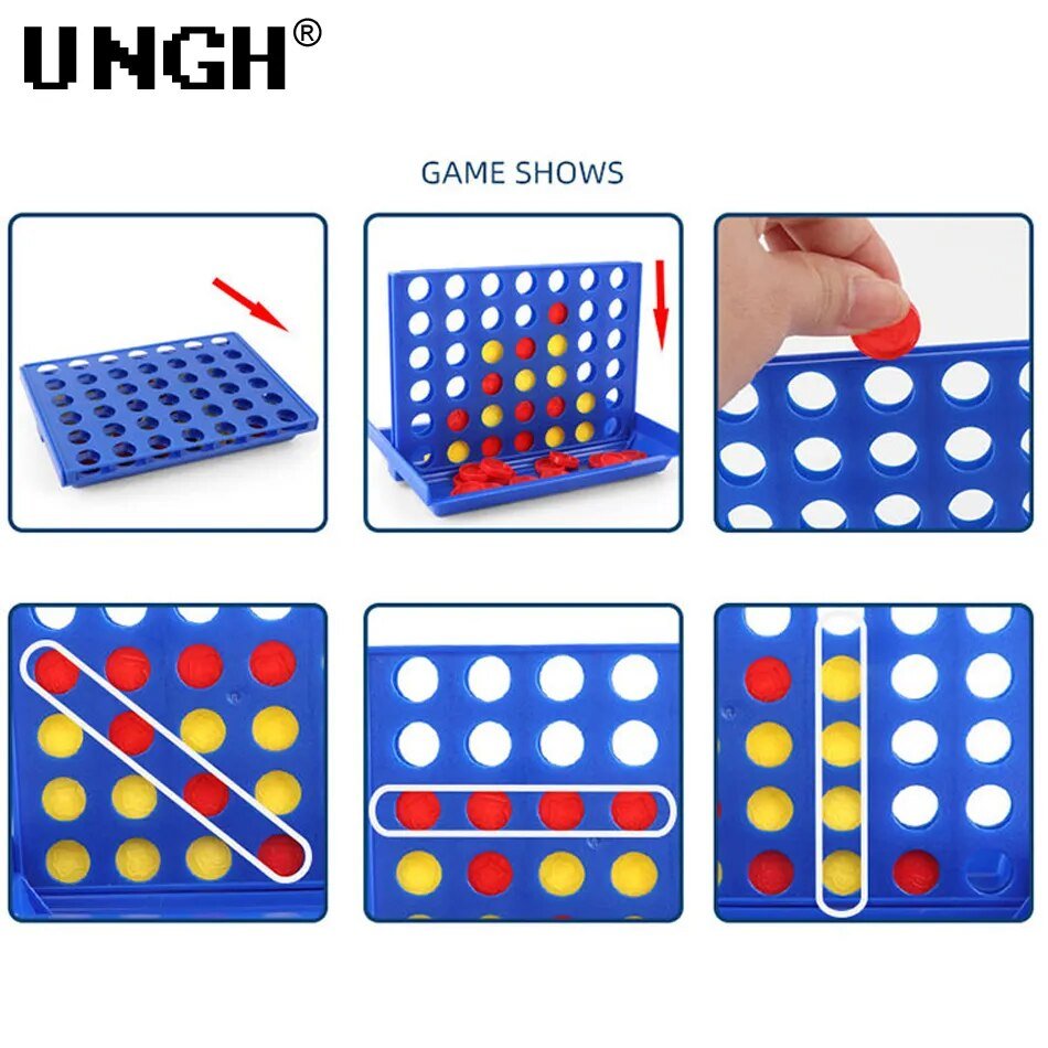 Collage of a blue game board with colored dots and player pieces, featuring the brand 'UGH'.
