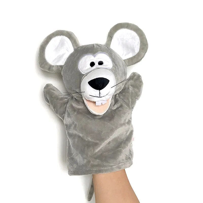 Gray mouse-shaped hand puppet on a white background