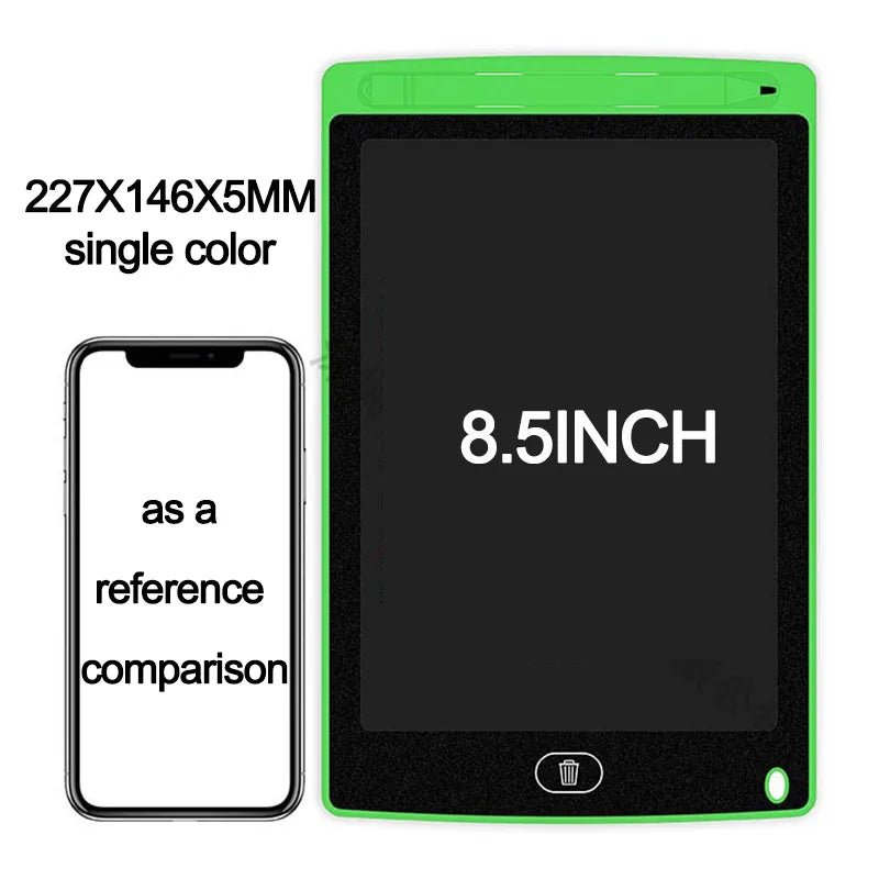 Green electronic device with a screen displaying '8.5INCH' next to a smartphone for size comparison.