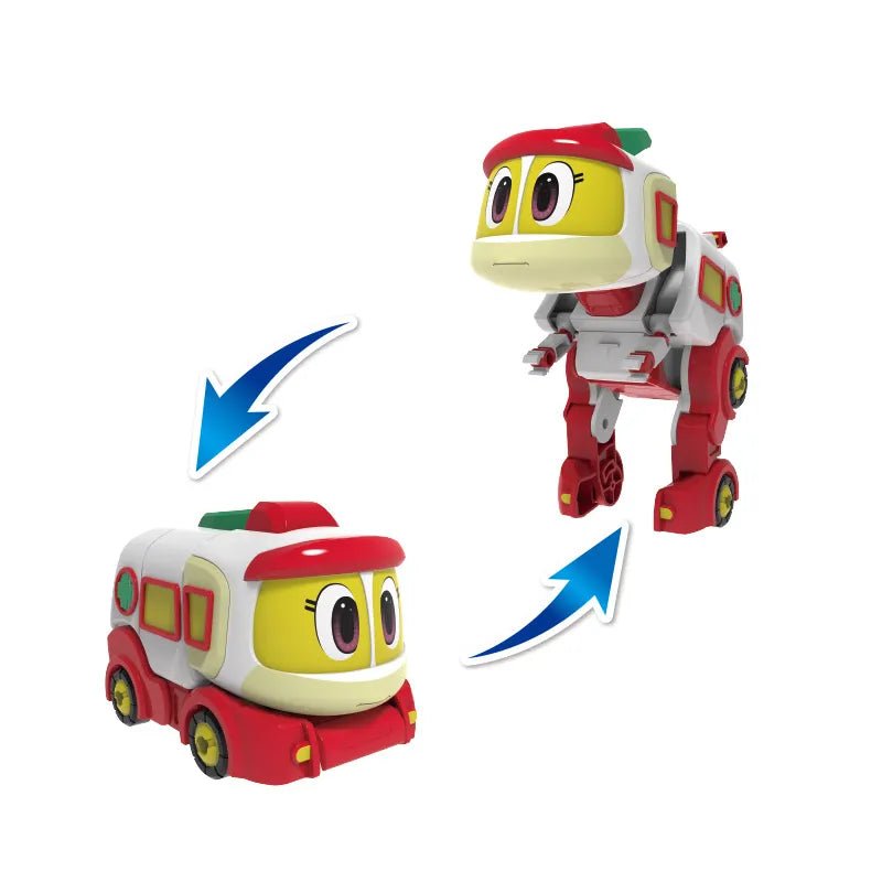 Toy figure that transforms from a vehicle to a robot on a white background