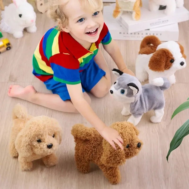 Child playing with plush toy dogs on a wooden floor