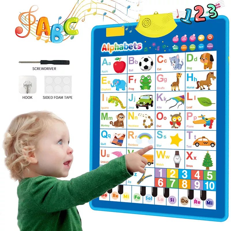 Child interacting with an educational poster with letters and numbers, featuring a screwdriver and hook on a white background.
