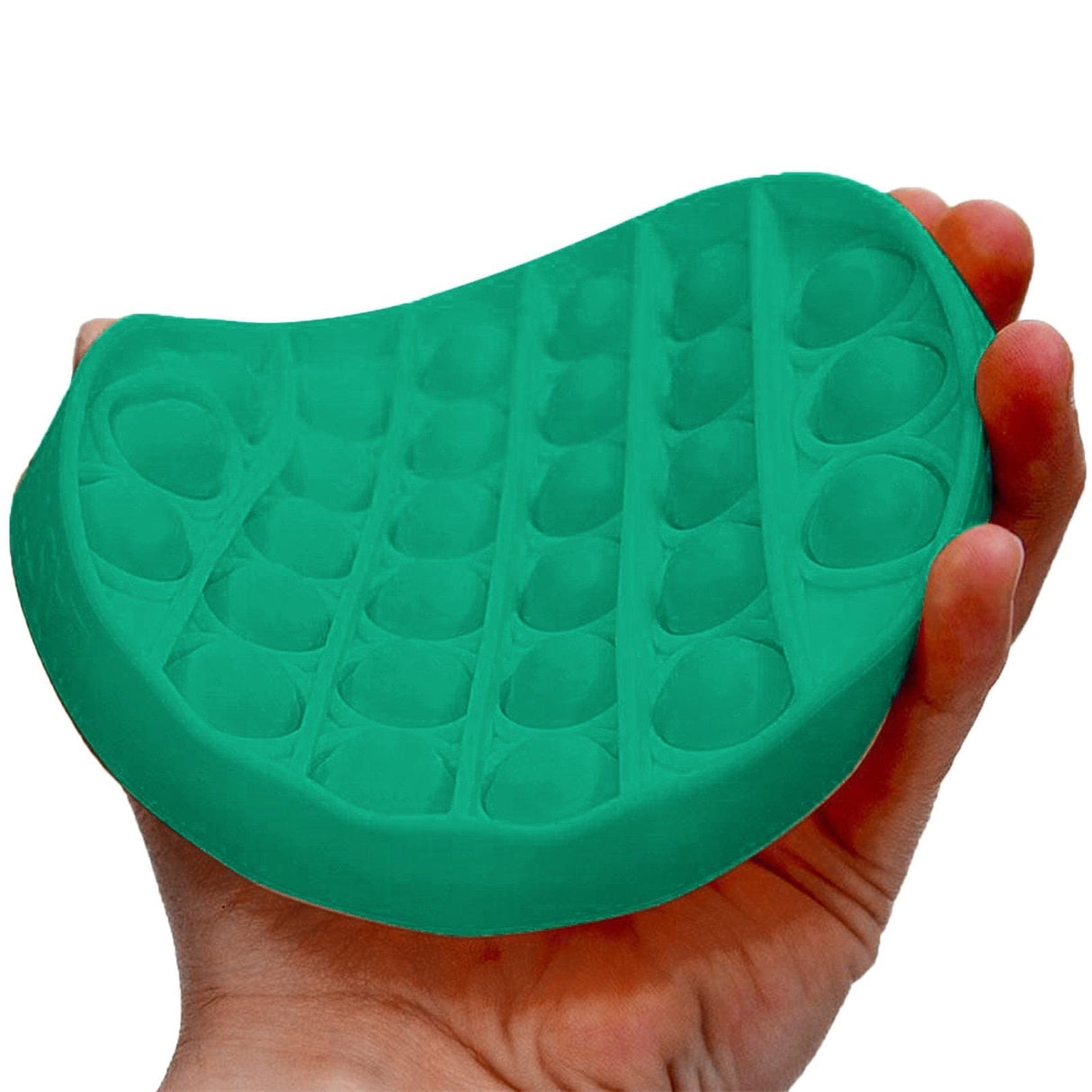 Green pop-it fidget toy held in a hand against a white background