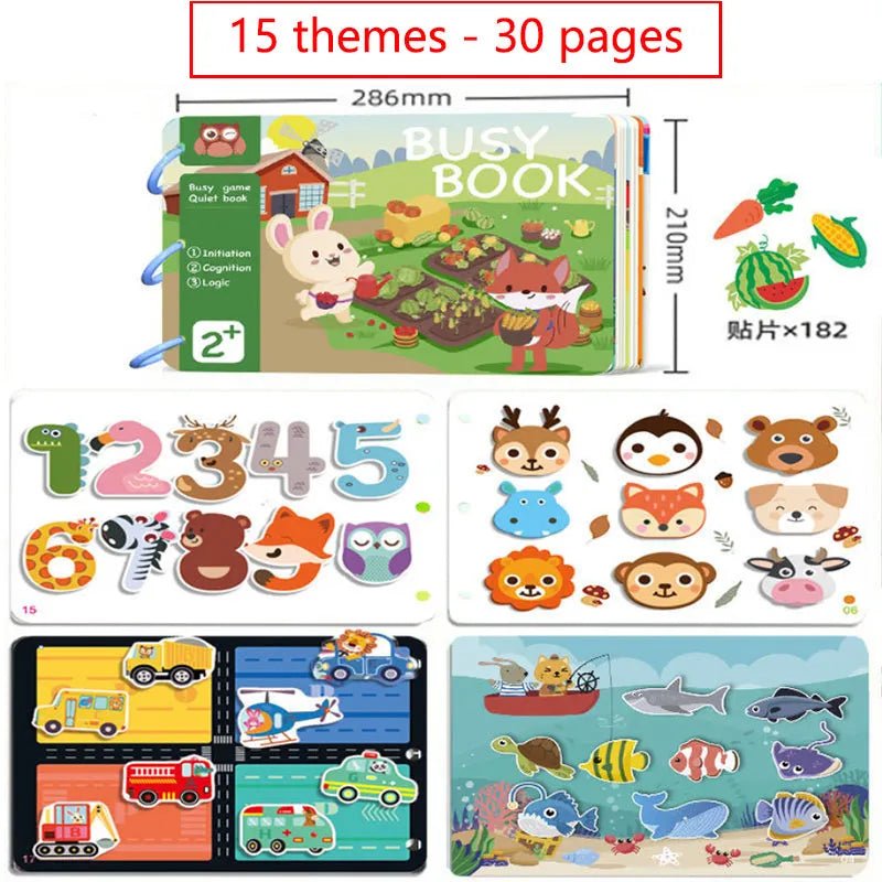 Children's busy book with various educational activities and illustrations on a white background.