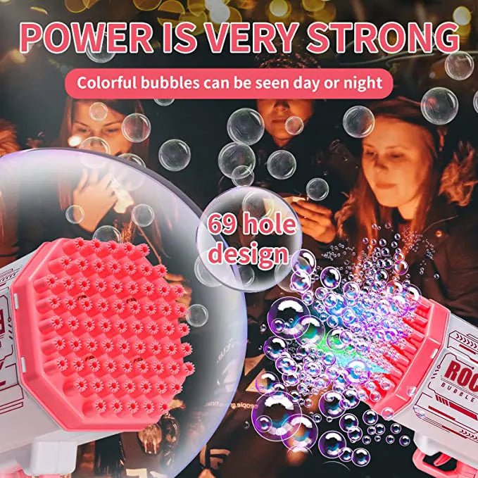 Bubble machine with colorful bubbles and text about bubble strength and visibility