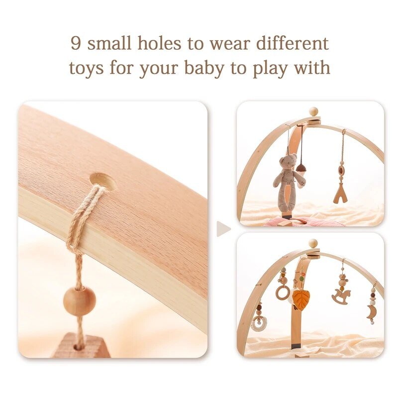 Wooden baby mobile with small holes for toys, showing assembly and use.