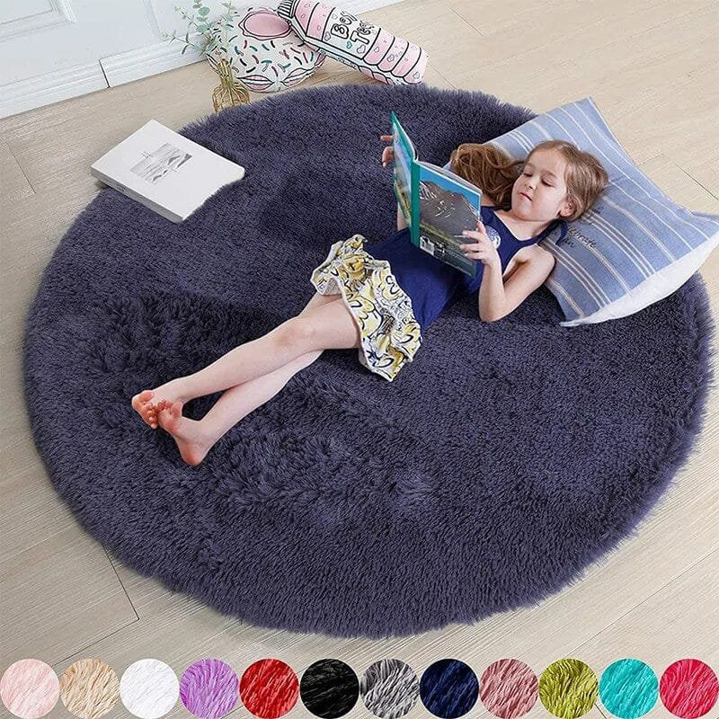 Child reading a book on a fluffy purple rug in a room.