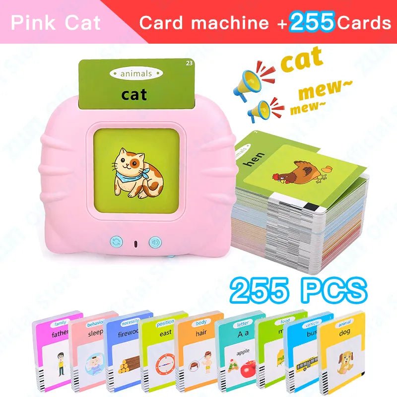 Pink card machine with educational cards and text indicating '255 cards' on a white background.