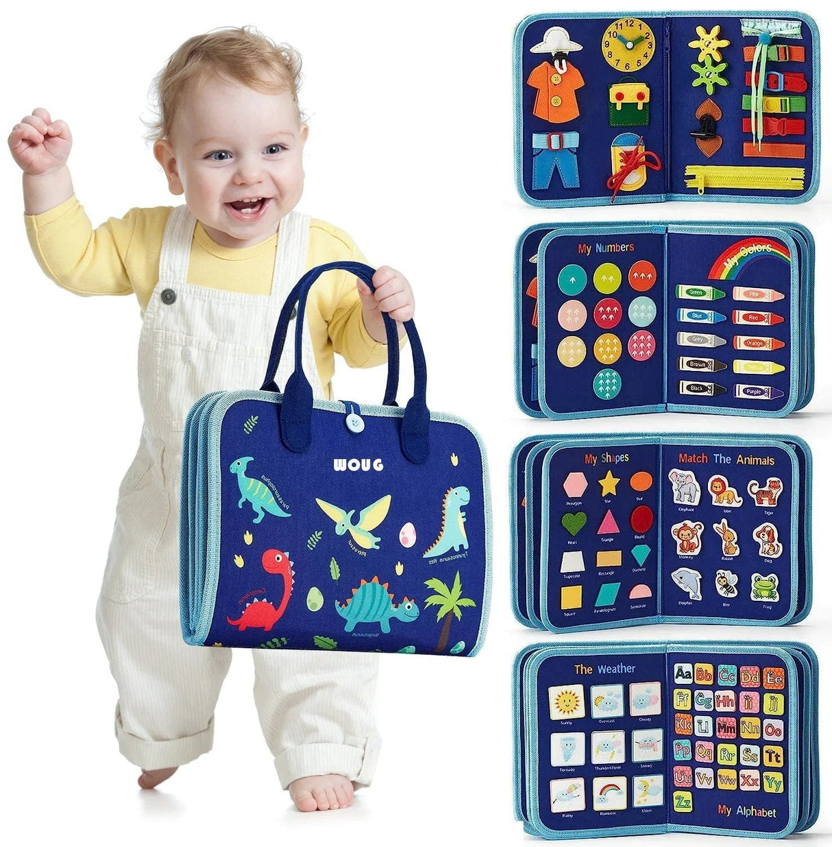 Child holding a blue educational toy bag with various educational cards.