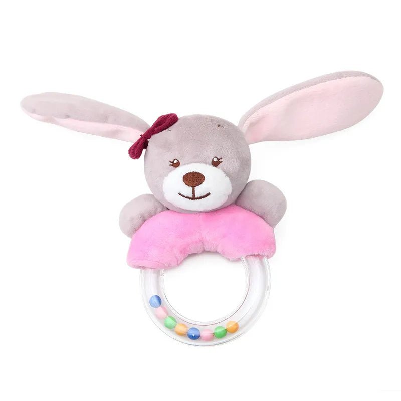 Plush rabbit toy with a ring and colorful beads on a white background