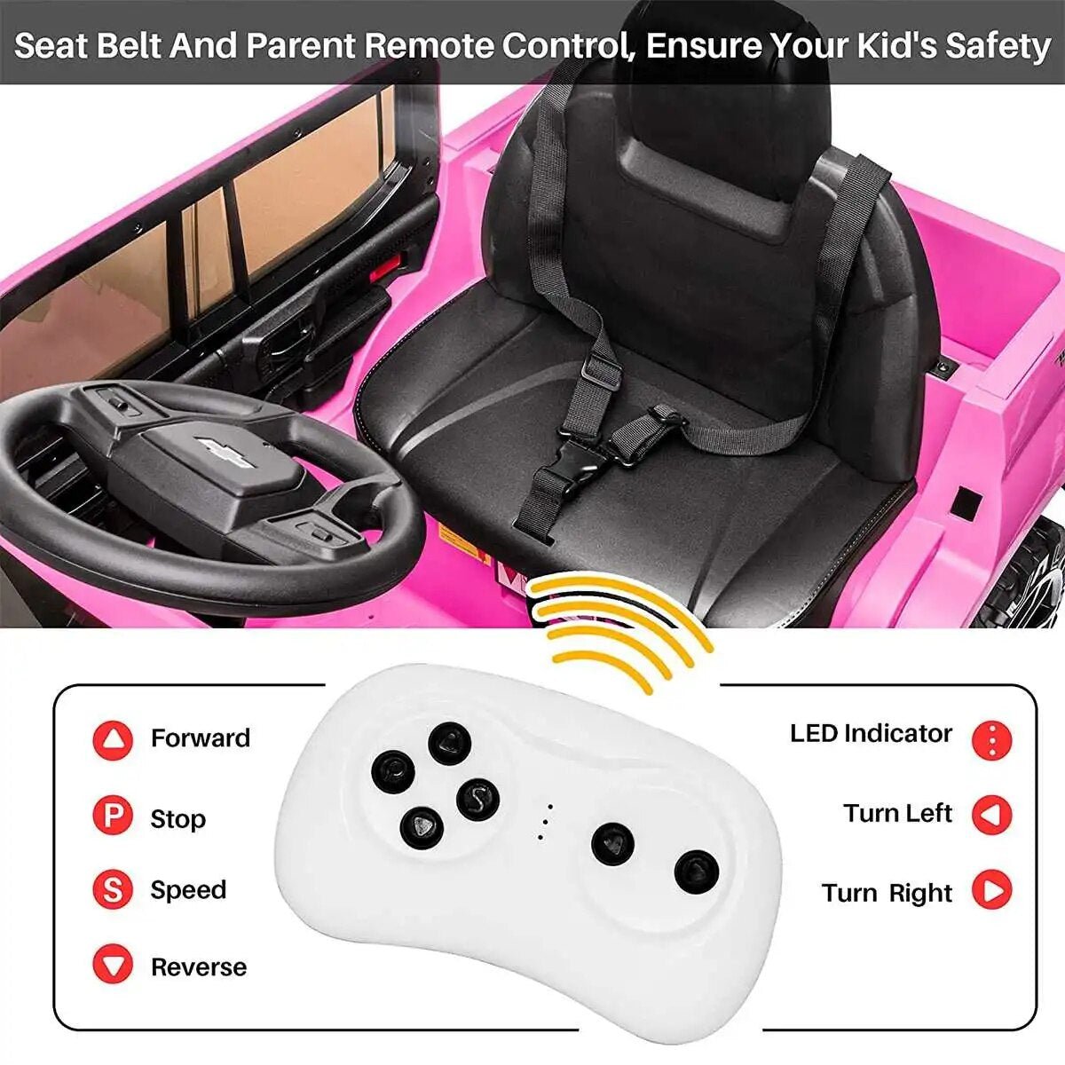 Pink toy car with black seat and steering wheel, featuring a seat belt and parent remote control.