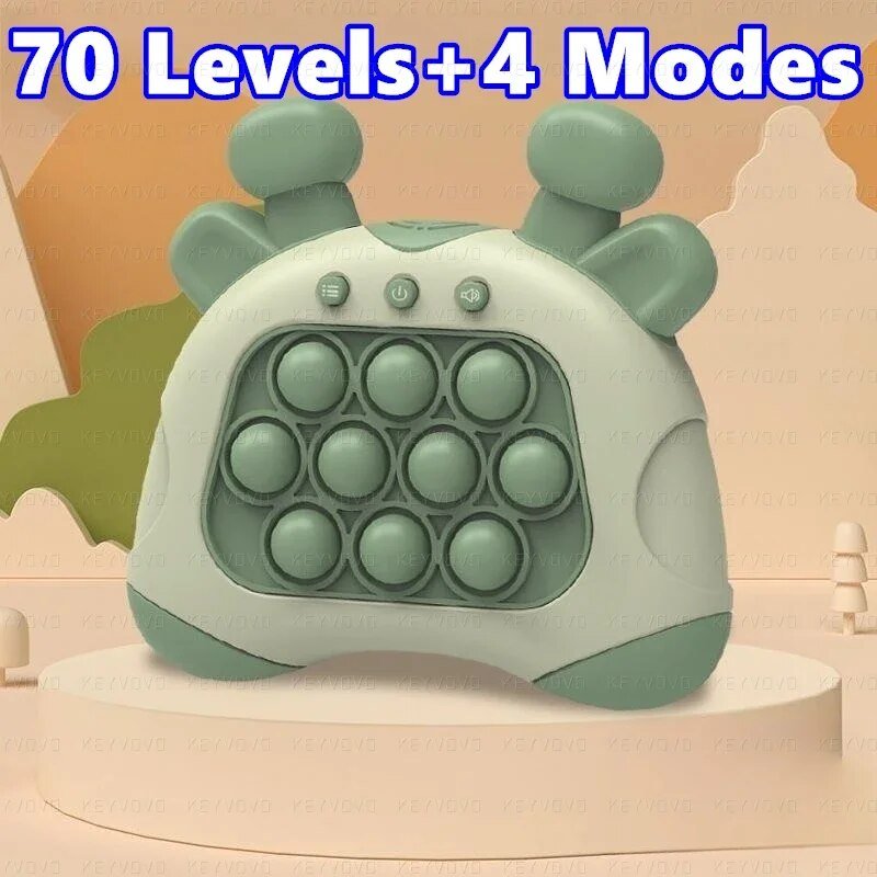 Green dinosaur-shaped fidget toy with '70 Levels + 4 Modes' text