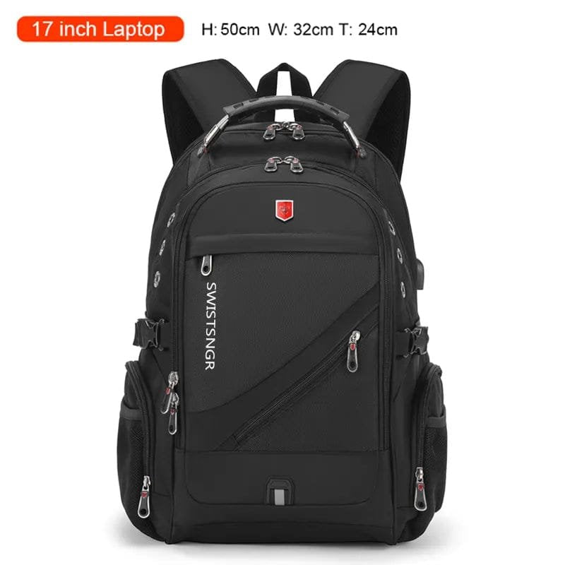 Black backpack with SWISSNIGR branding