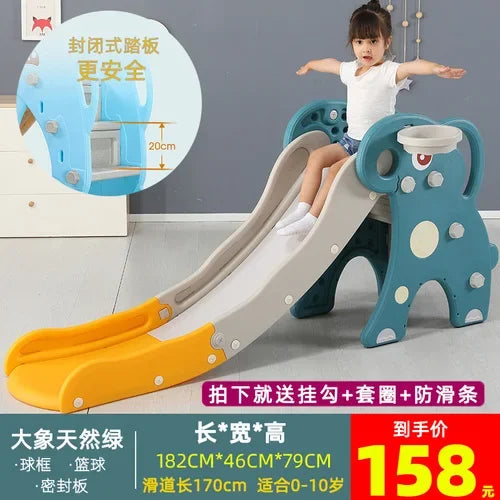 Children's slide with a child on it, featuring text and measurements.