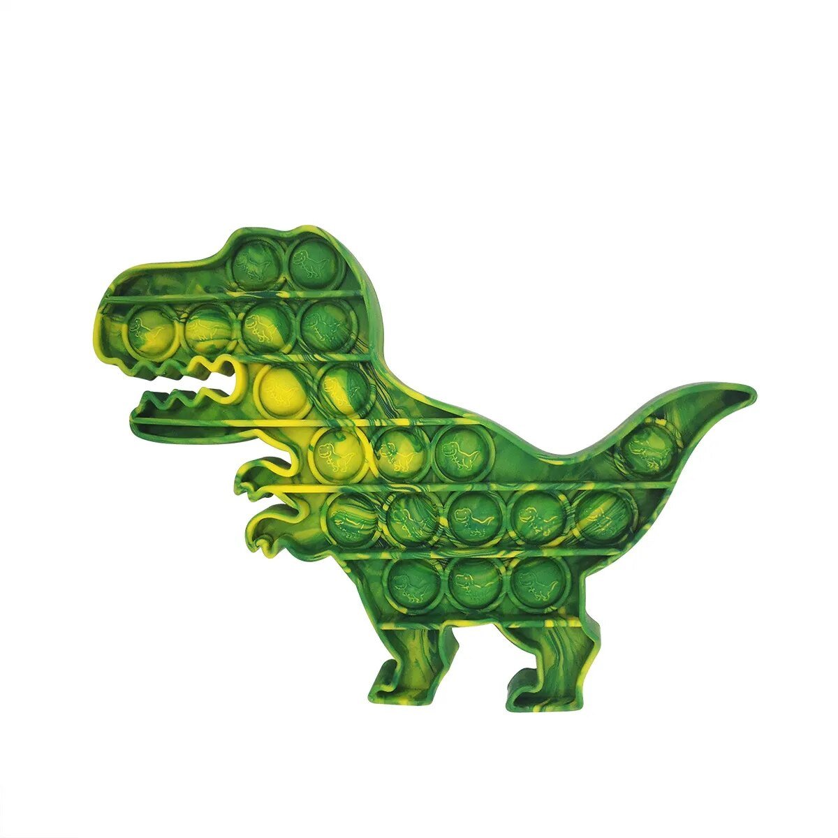 Green dinosaur-shaped pop-it fidget toy on a white background