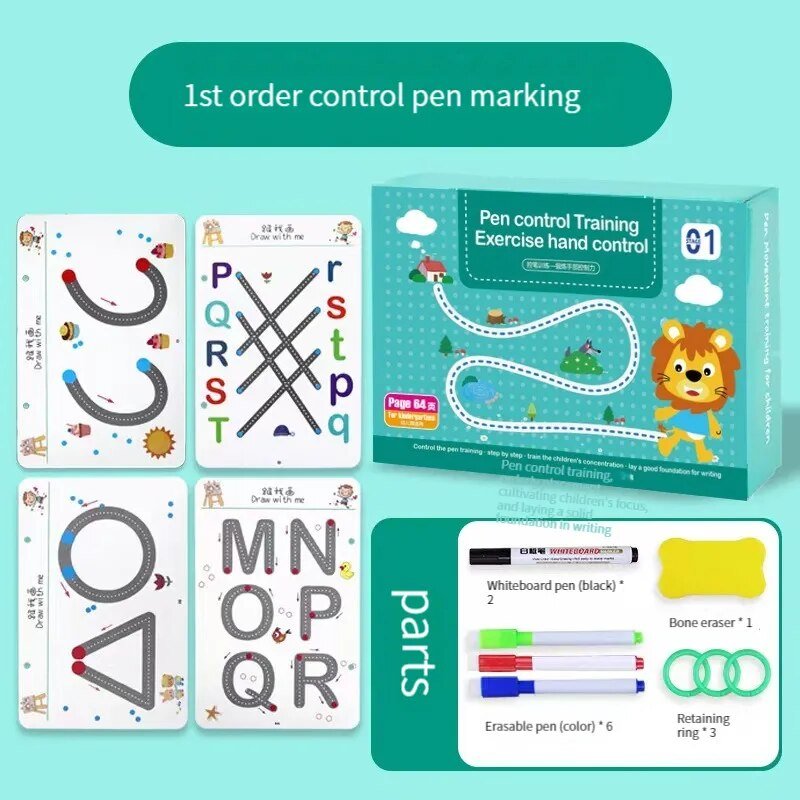 Pen control training set with cards and packaging on a teal background