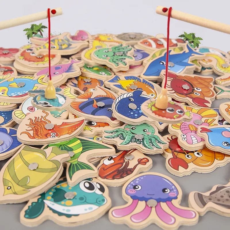 Colorful wooden fishing game with various sea creatures on a gray background