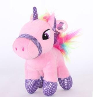 Pink unicorn plush toy with a rainbow tail on a white background