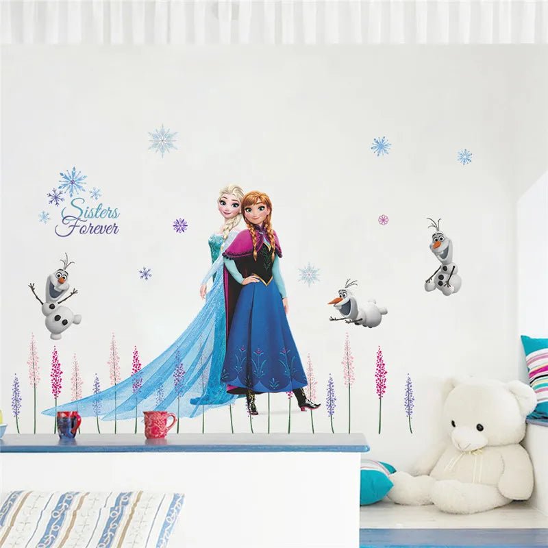 Children's room with Disney Frozen wall decals and characters on a white wall.