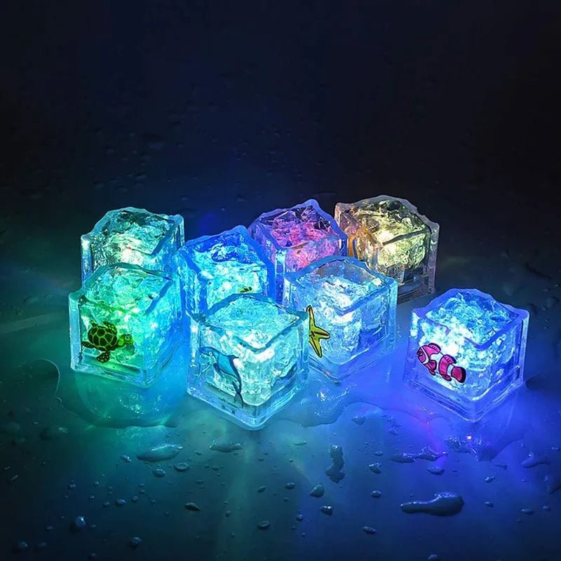 Colorful LED ice cubes with embedded toys on a dark surface