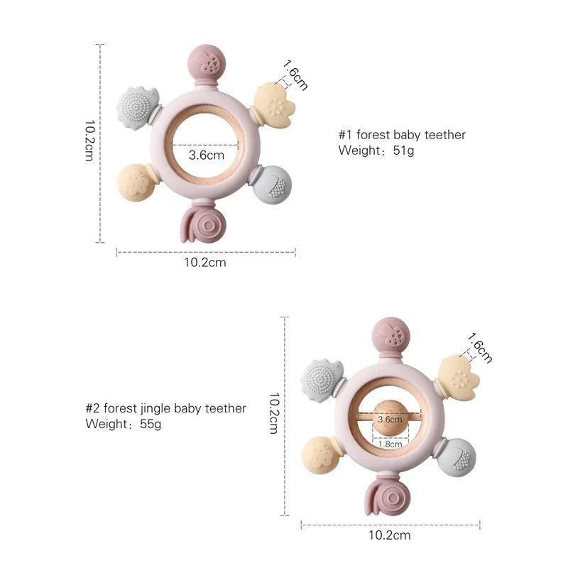 Baby teether with measurements and weight details on a white background