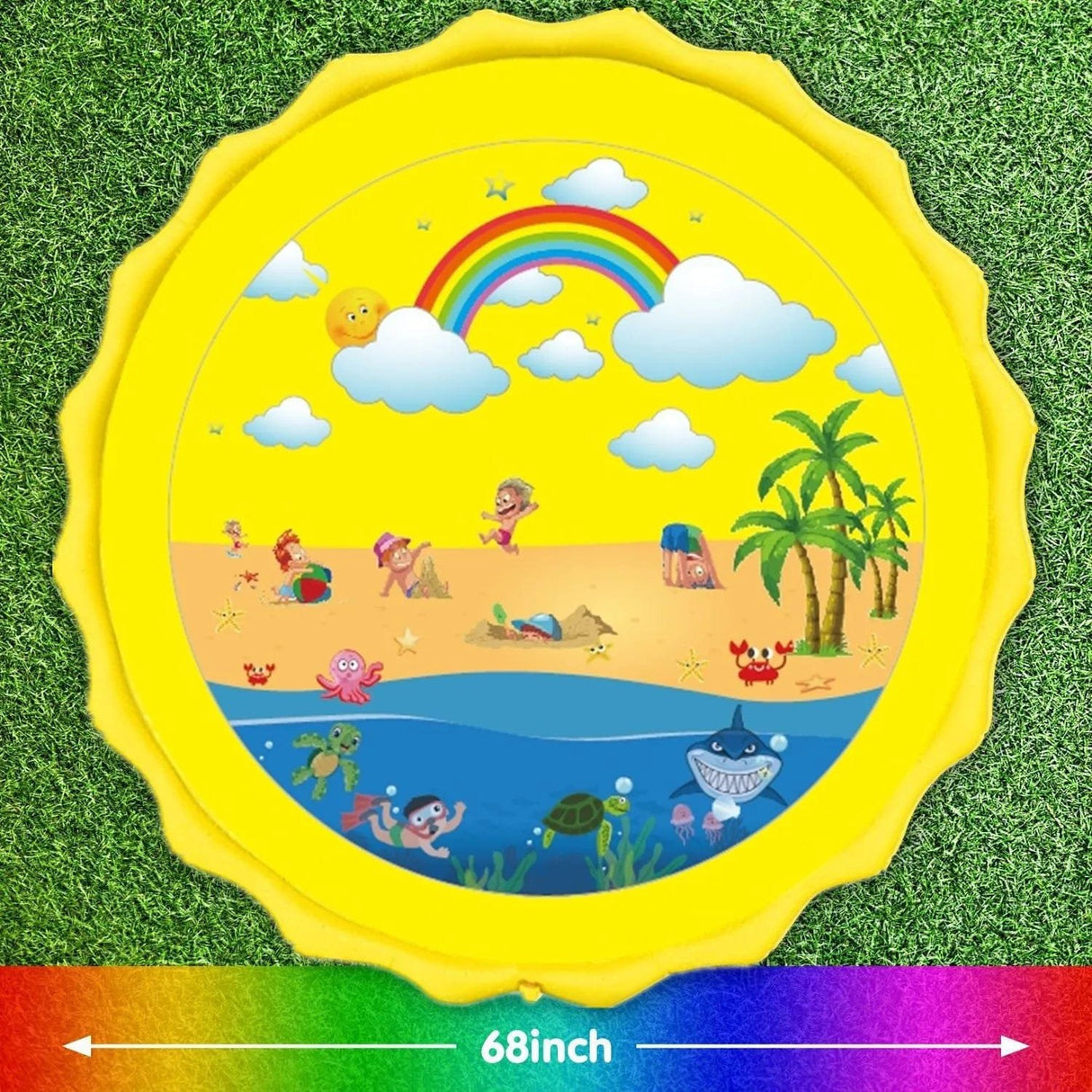 Children's inflatable pool with beach and ocean design on a grass background