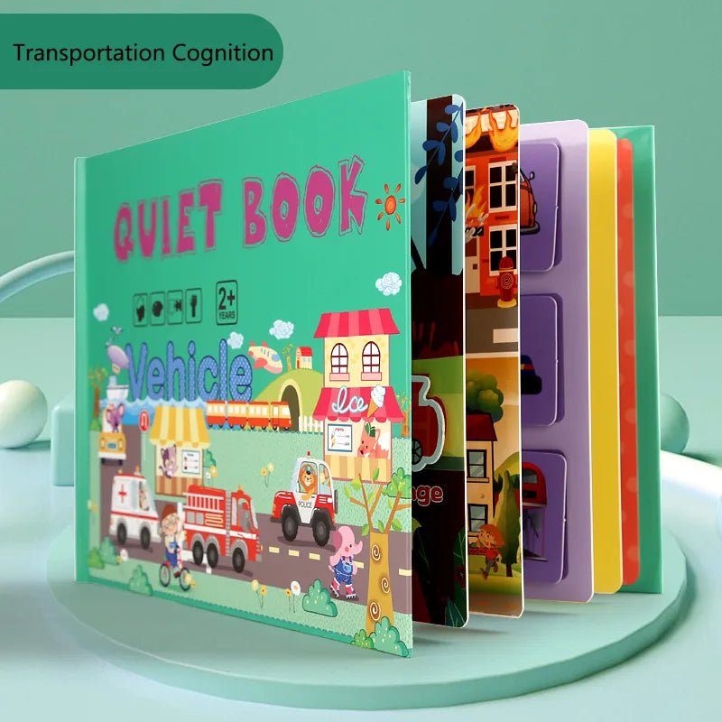 Children's quiet book with vehicle-themed pages on a green background