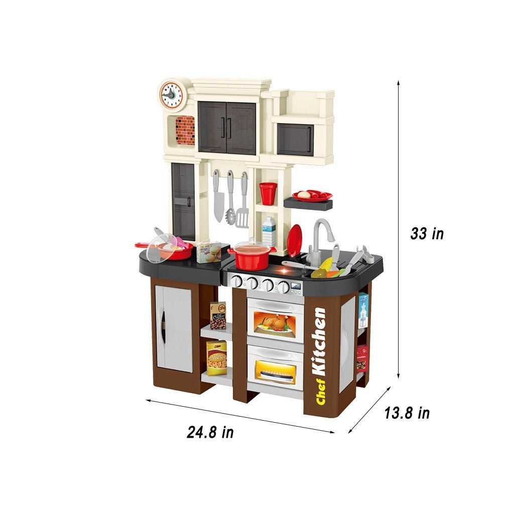 Toy kitchen set with dimensions labeled on a white background
