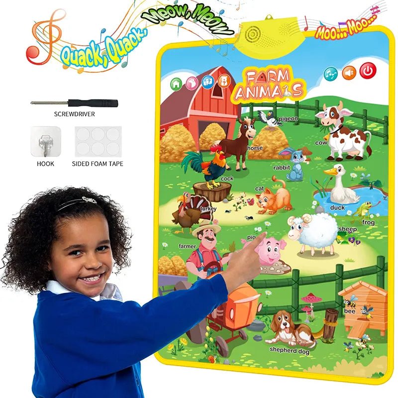 Child interacting with a farm-themed educational chart with various animals and a barn.