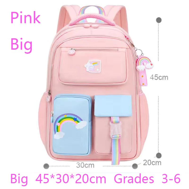 Pink backpack with rainbow designs and measurements