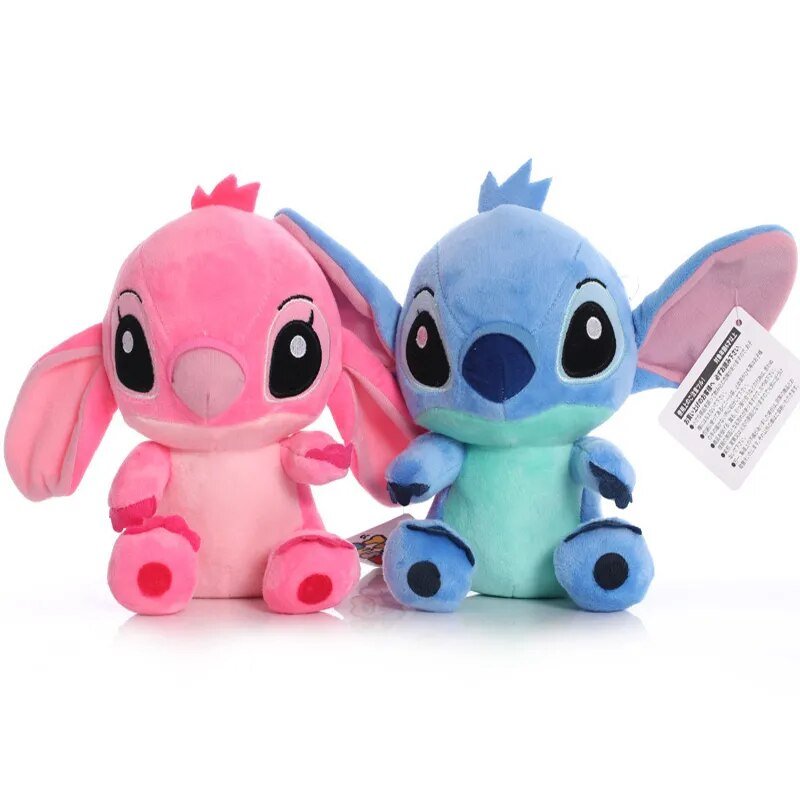 Two plush toys, one pink and one blue, on a white background.