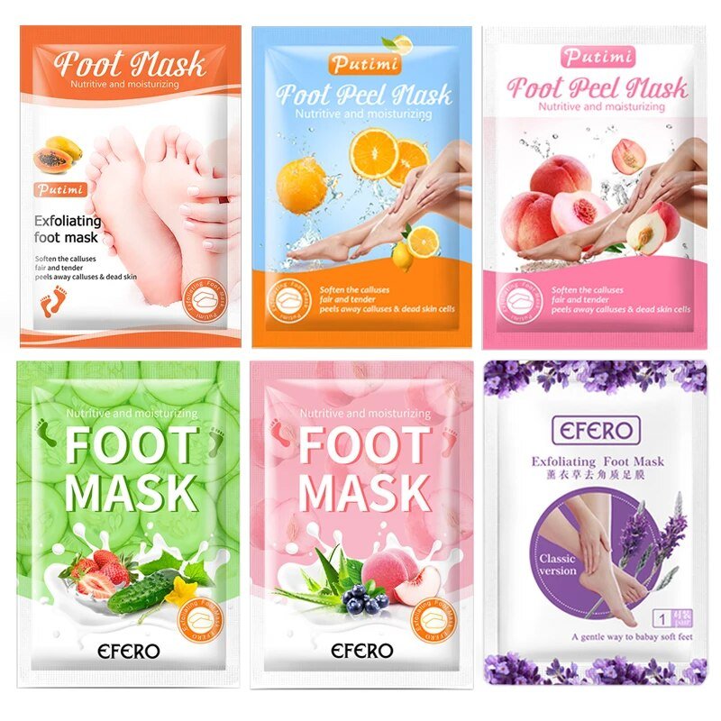 Various foot mask packages with different designs and branding.