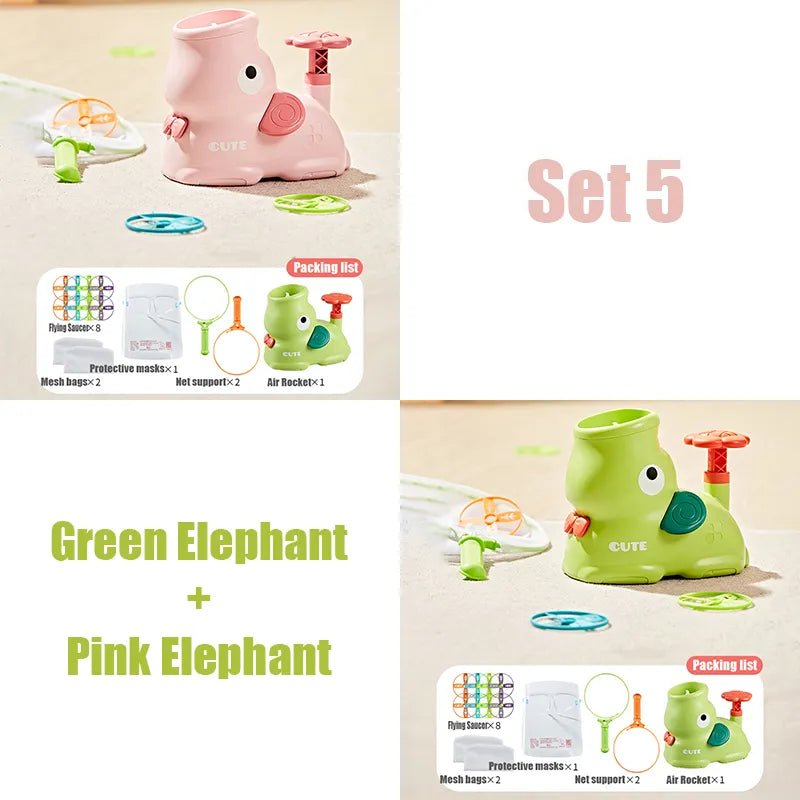 Two elephant-shaped toys, one pink and one green, with packaging and accessories.