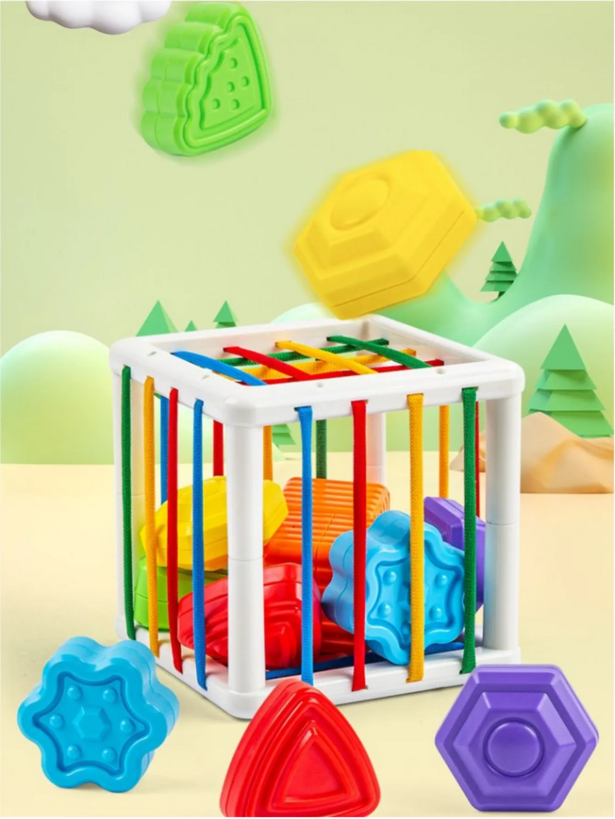 Colorful plastic shapes and a cube with tunnels.