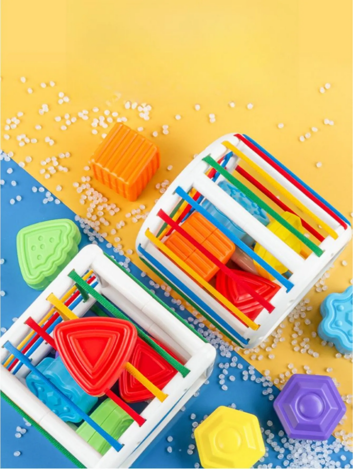 Colorful geometric shape sorting toy.